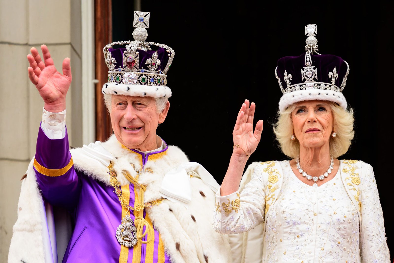 King Charles III wears a crown at Britain's State Opening